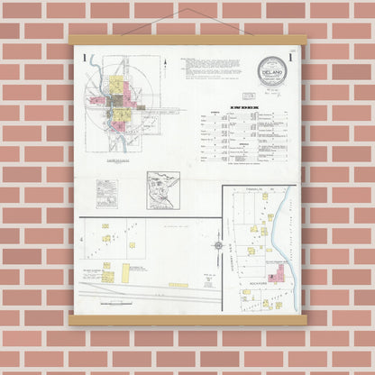 Old map wall art mockup — magnetic wood frame on brick wall — Sanborn Fire Insurance Map from Delano, Wright County, Minnesota (1930), Sheet #0001