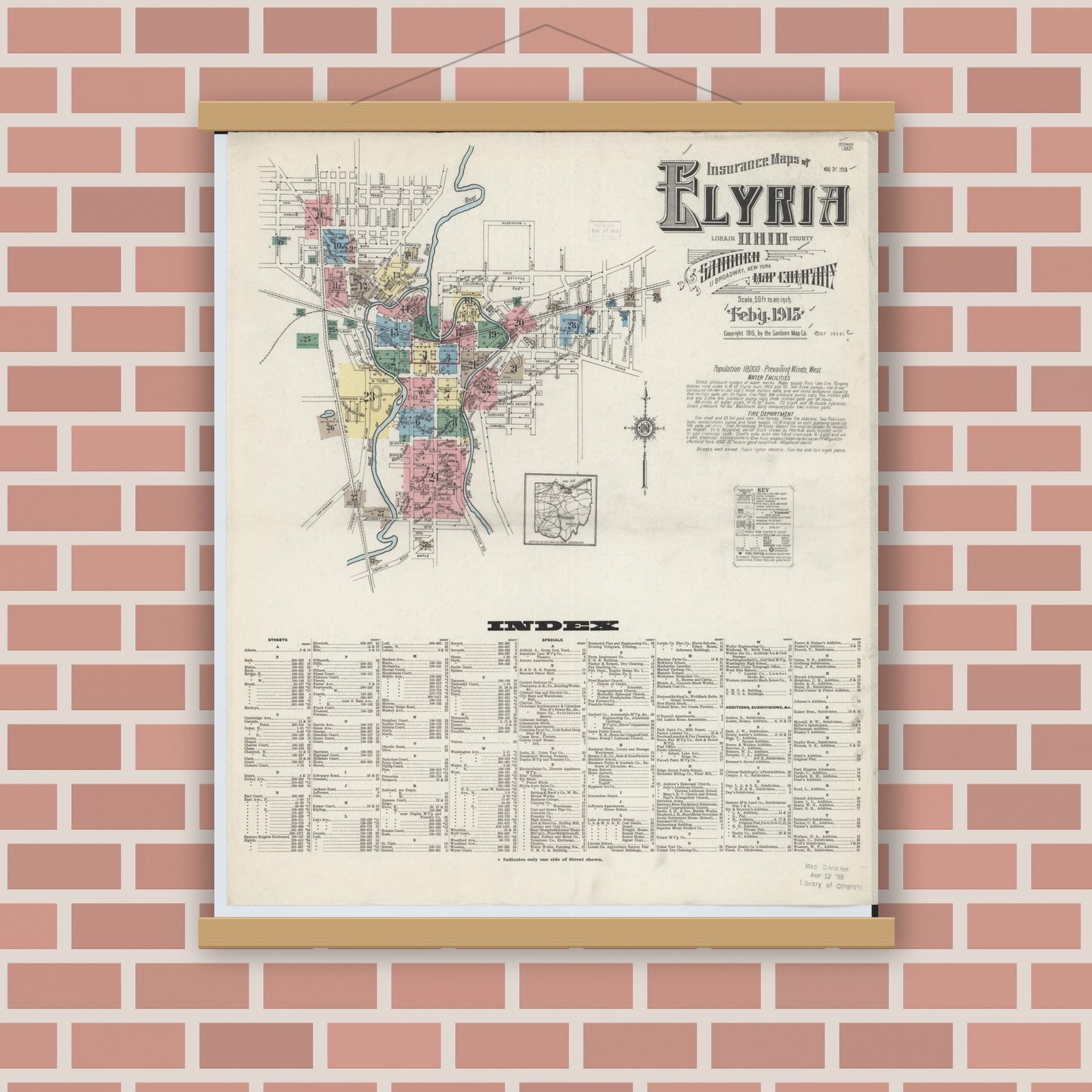 Old map wall art mockup — magnetic wood frame on brick wall — Sanborn Fire Insurance Map from Elyria, Lorain County, Ohio (1915), Sheet #0001