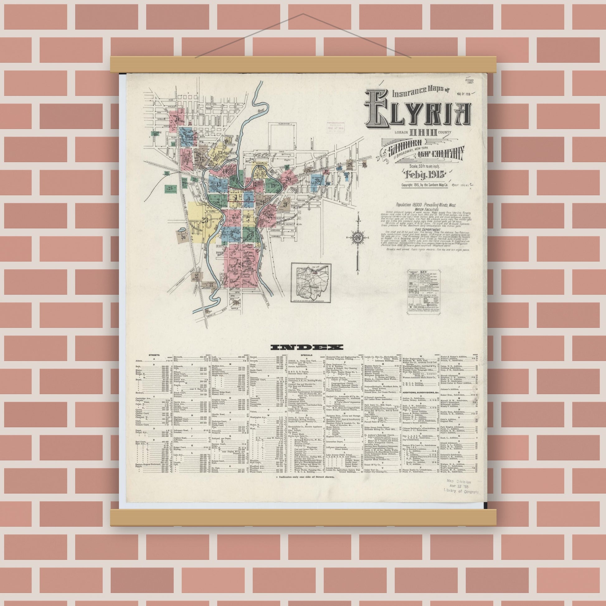 Old map wall art mockup — magnetic wood frame on brick wall — Sanborn Fire Insurance Map from Elyria, Lorain County, Ohio (1915), Sheet #0001