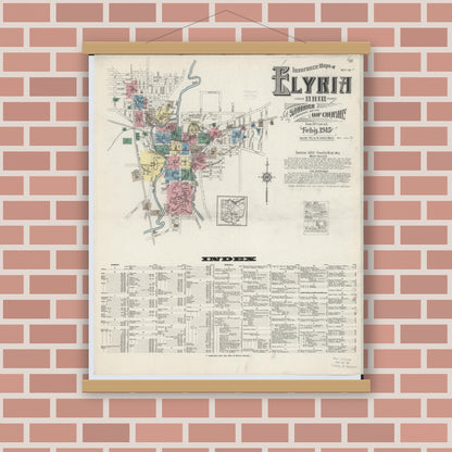 Old map wall art mockup — magnetic wood frame on brick wall — Sanborn Fire Insurance Map from Elyria, Lorain County, Ohio (1915), Sheet #0001