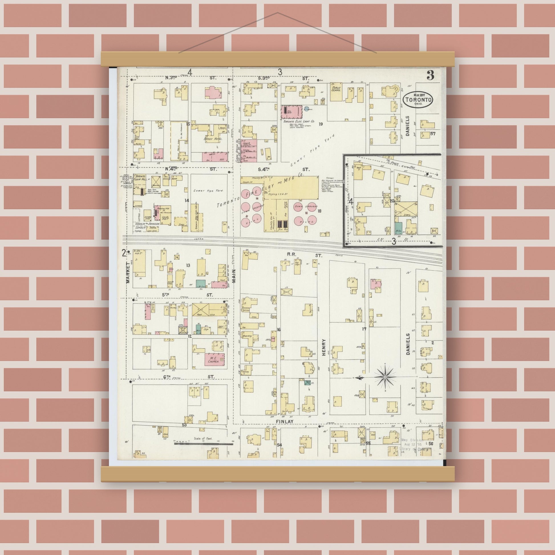 Old map wall art mockup — magnetic wood frame on brick wall — Sanborn Fire Insurance Map from Toronto, Jefferson County, Ohio (1897), Sheet #0003
