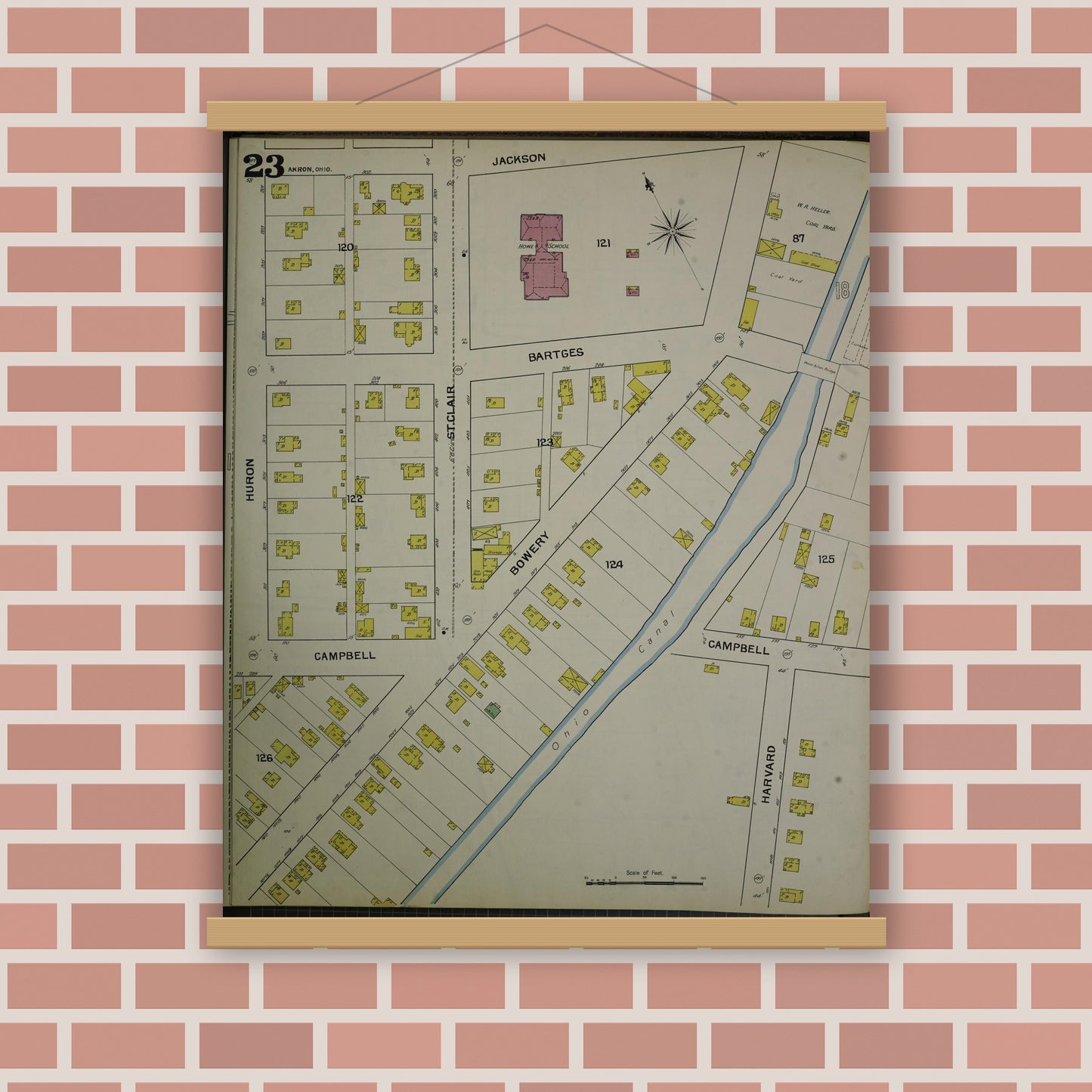 Old map wall art mockup — magnetic wood frame on brick wall — Sanborn Fire Insurance Map from Akron, Summit County, Ohio (1892), Sheet #0023