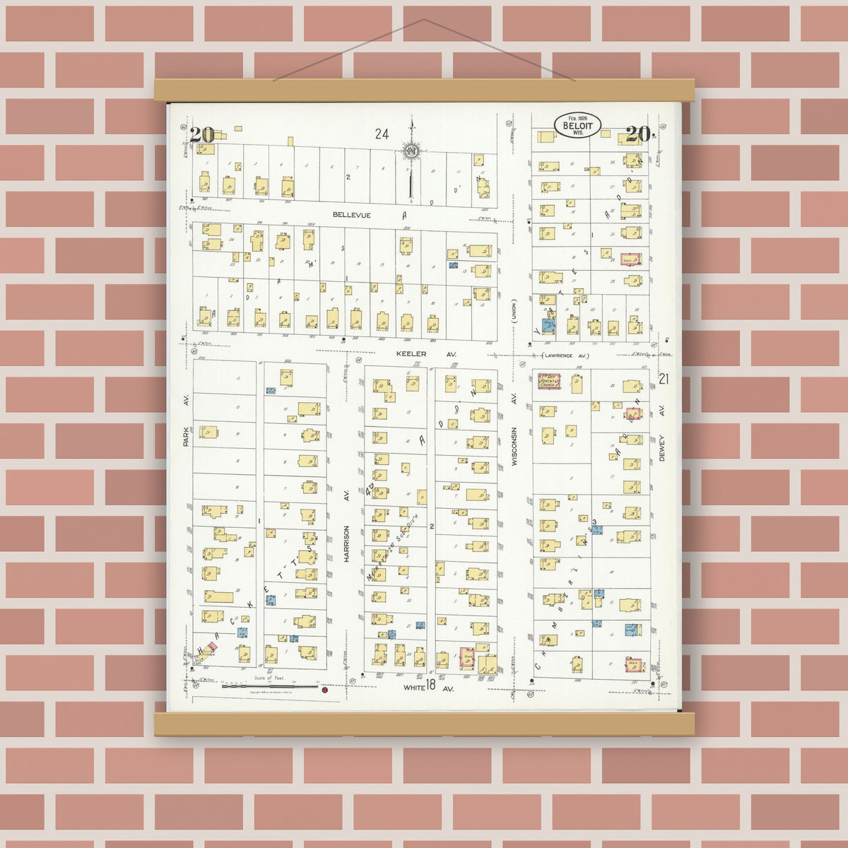 Old map wall art mockup — magnetic wood frame on brick wall — Sanborn Fire Insurance Map from Beloit, Rock County, Wisconsin (1926), Sheet #0020