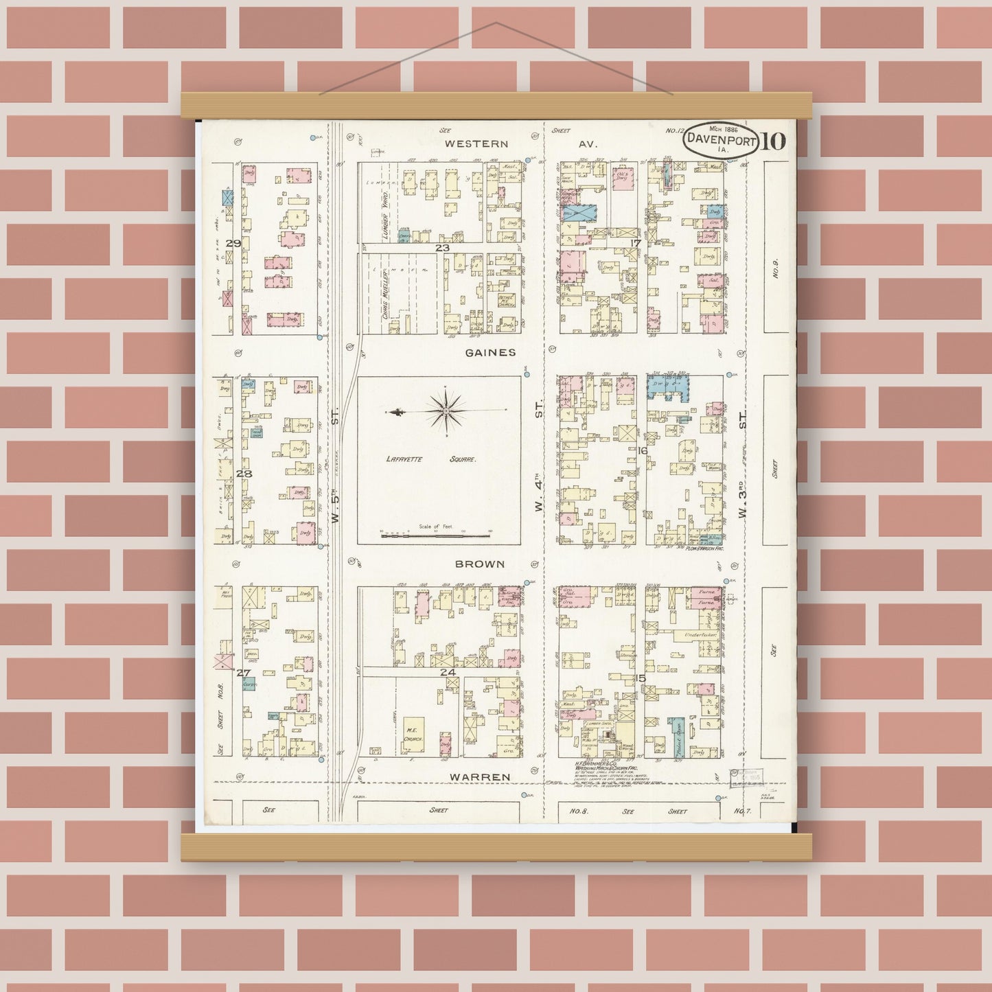Old map wall art mockup — magnetic wood frame on brick wall — Sanborn Fire Insurance Map from Davenport, Scott County, Iowa (1886), Sheet #0010