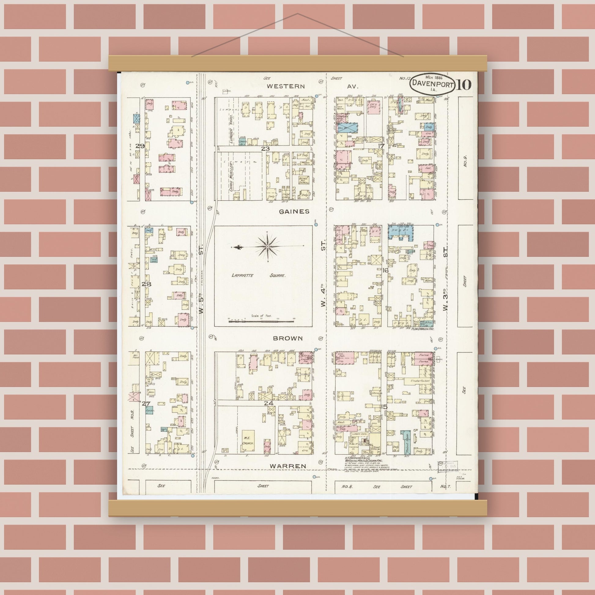 Old map wall art mockup — magnetic wood frame on brick wall — Sanborn Fire Insurance Map from Davenport, Scott County, Iowa (1886), Sheet #0010