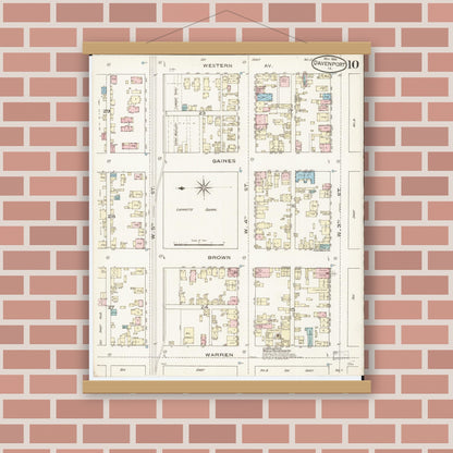Old map wall art mockup — magnetic wood frame on brick wall — Sanborn Fire Insurance Map from Davenport, Scott County, Iowa (1886), Sheet #0010
