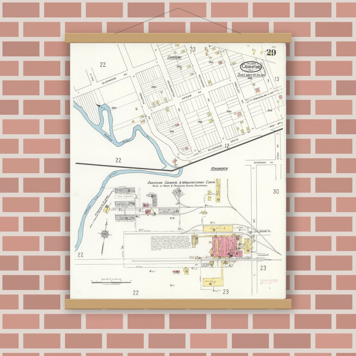 Old map wall art mockup — magnetic wood frame on brick wall — Sanborn Fire Insurance Map from Cranford, Union County, New Jersey (1922), Sheet #0029