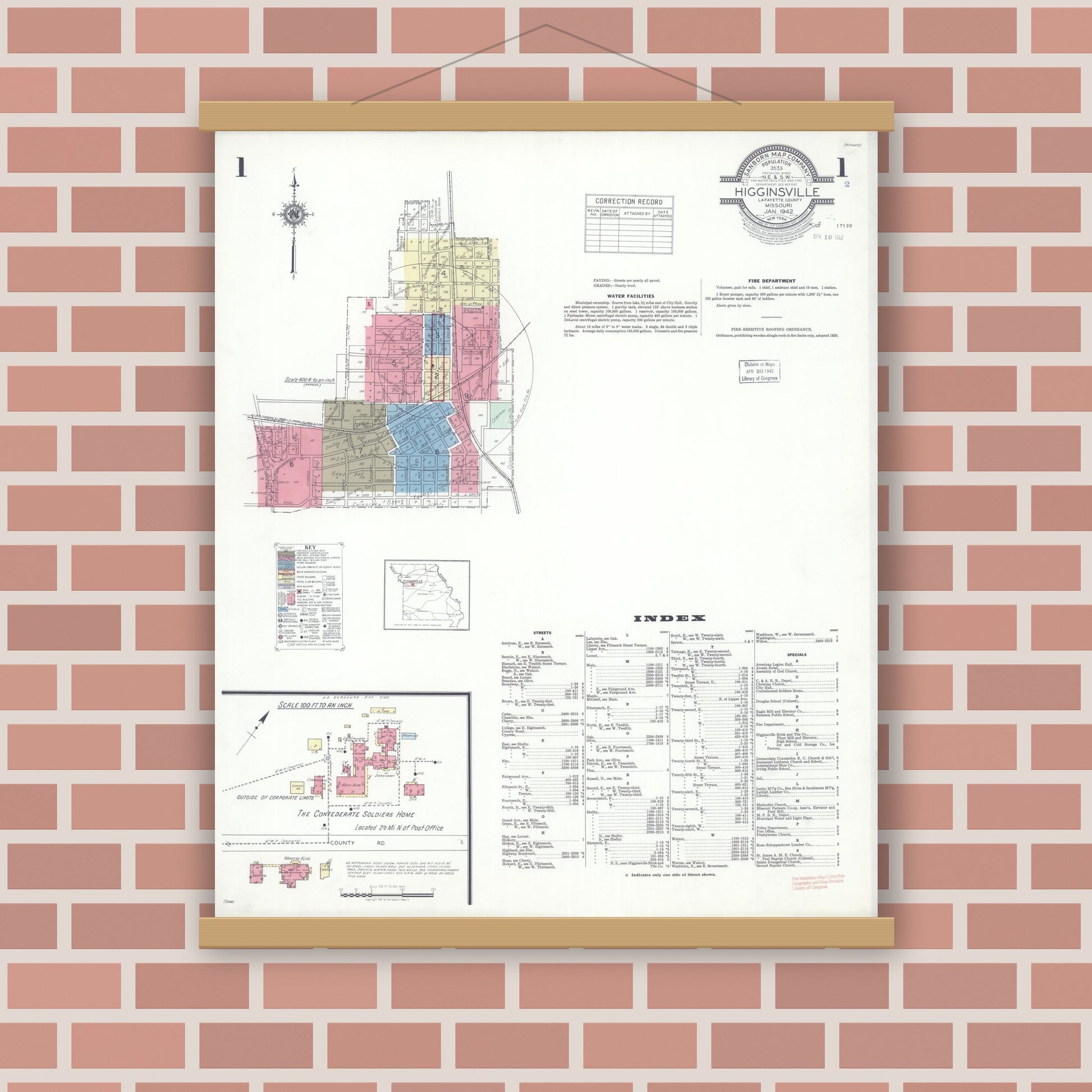 Old map wall art mockup — magnetic wood frame on brick wall — Sanborn Fire Insurance Map from Higginsville, Lafayette County, Missouri (1942) - Complete Map Set