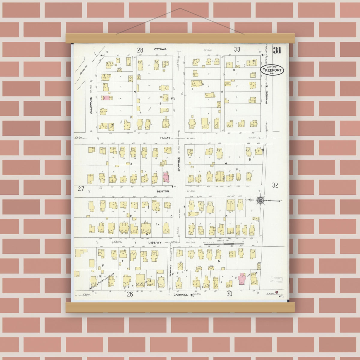Old map wall art mockup — magnetic wood frame on brick wall — Sanborn Fire Insurance Map from Freeport, Stephenson County, Illinois (1910), Sheet #0031