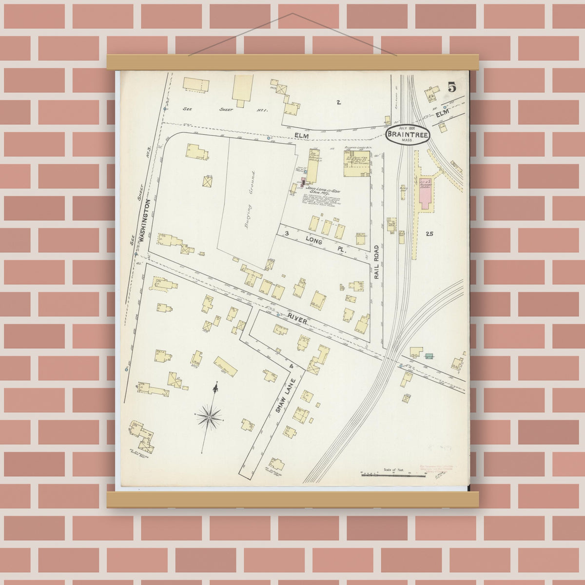 Old map wall art mockup — magnetic wood frame on brick wall — Sanborn Fire Insurance Map from Braintree, Norfolk County, Massachusetts (1891), Sheet #0005
