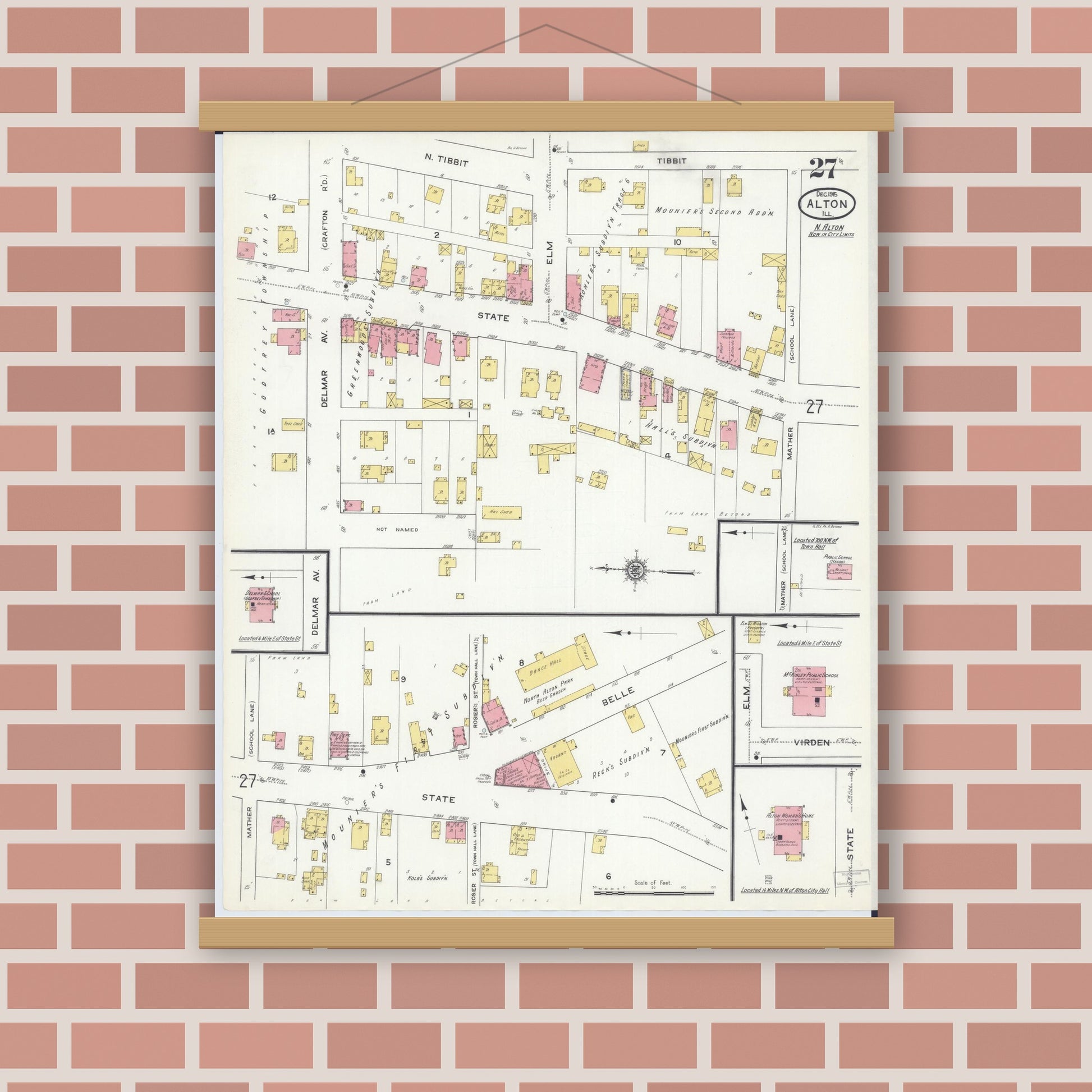 Old map wall art mockup — magnetic wood frame on brick wall — Sanborn Fire Insurance Map from Alton, Madison County, Illinois (1915), Sheet #0027