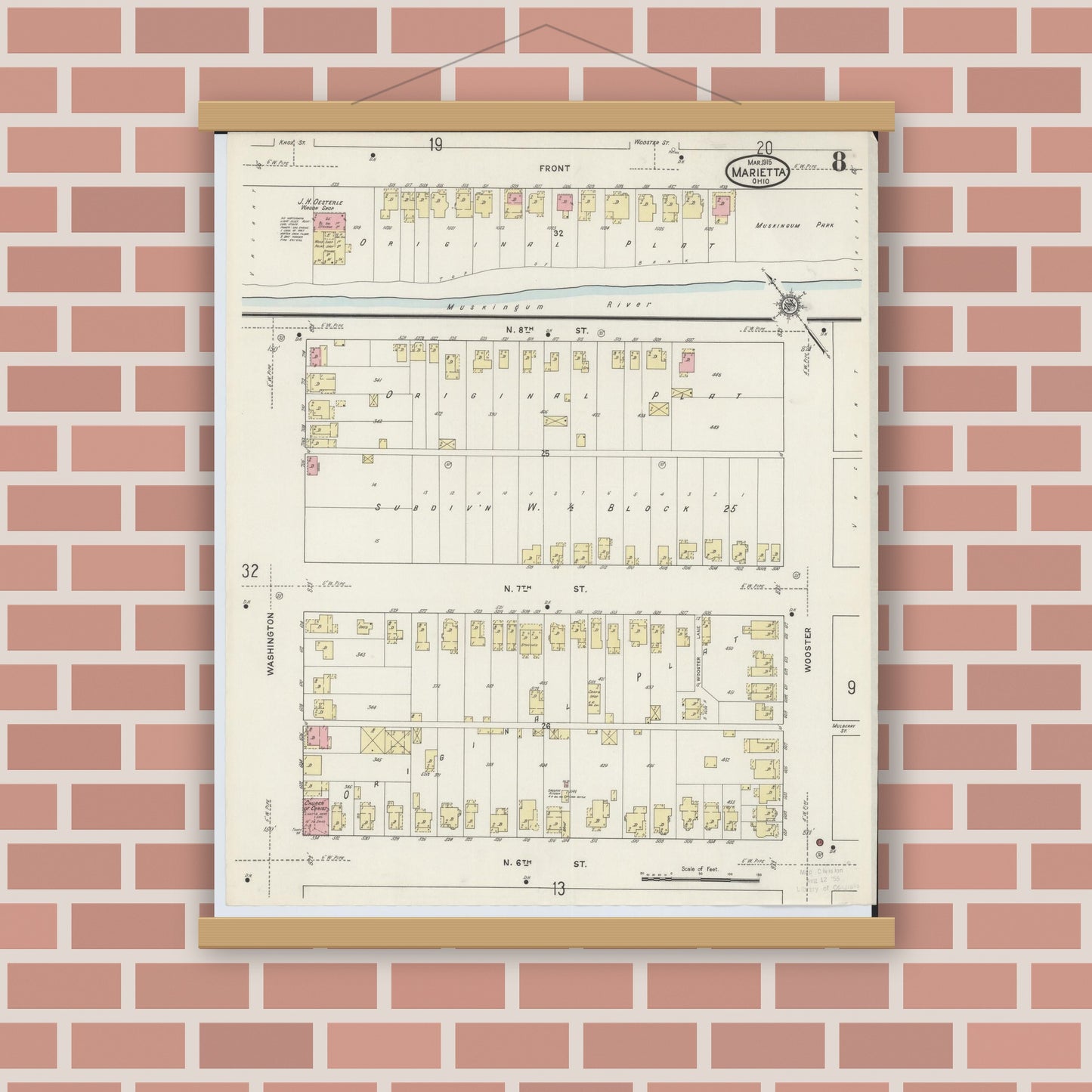 Old map wall art mockup — magnetic wood frame on brick wall — Sanborn Fire Insurance Map from Marietta, Washington County, Ohio (1915), Sheet #0008