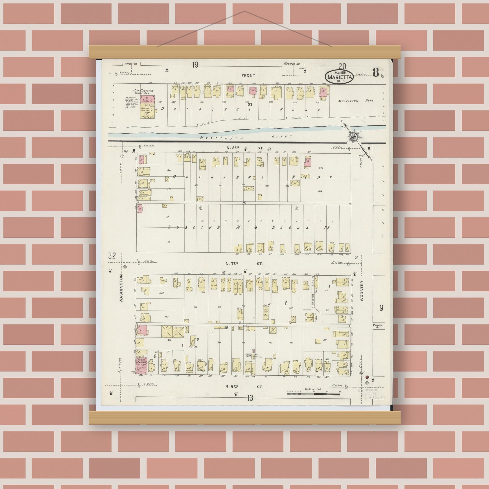 Old map wall art mockup — magnetic wood frame on brick wall — Sanborn Fire Insurance Map from Marietta, Washington County, Ohio (1915), Sheet #0008