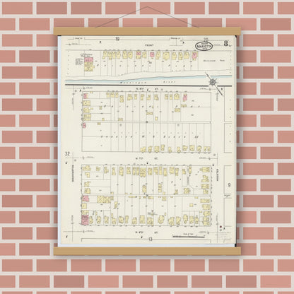 Old map wall art mockup — magnetic wood frame on brick wall — Sanborn Fire Insurance Map from Marietta, Washington County, Ohio (1915), Sheet #0008