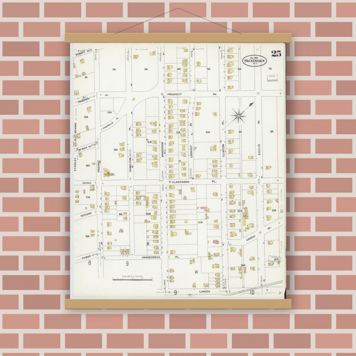 Old map wall art mockup — magnetic wood frame on brick wall — Sanborn Fire Insurance Map from Hackensack, Bergen County, New Jersey (1908), Sheet #0025
