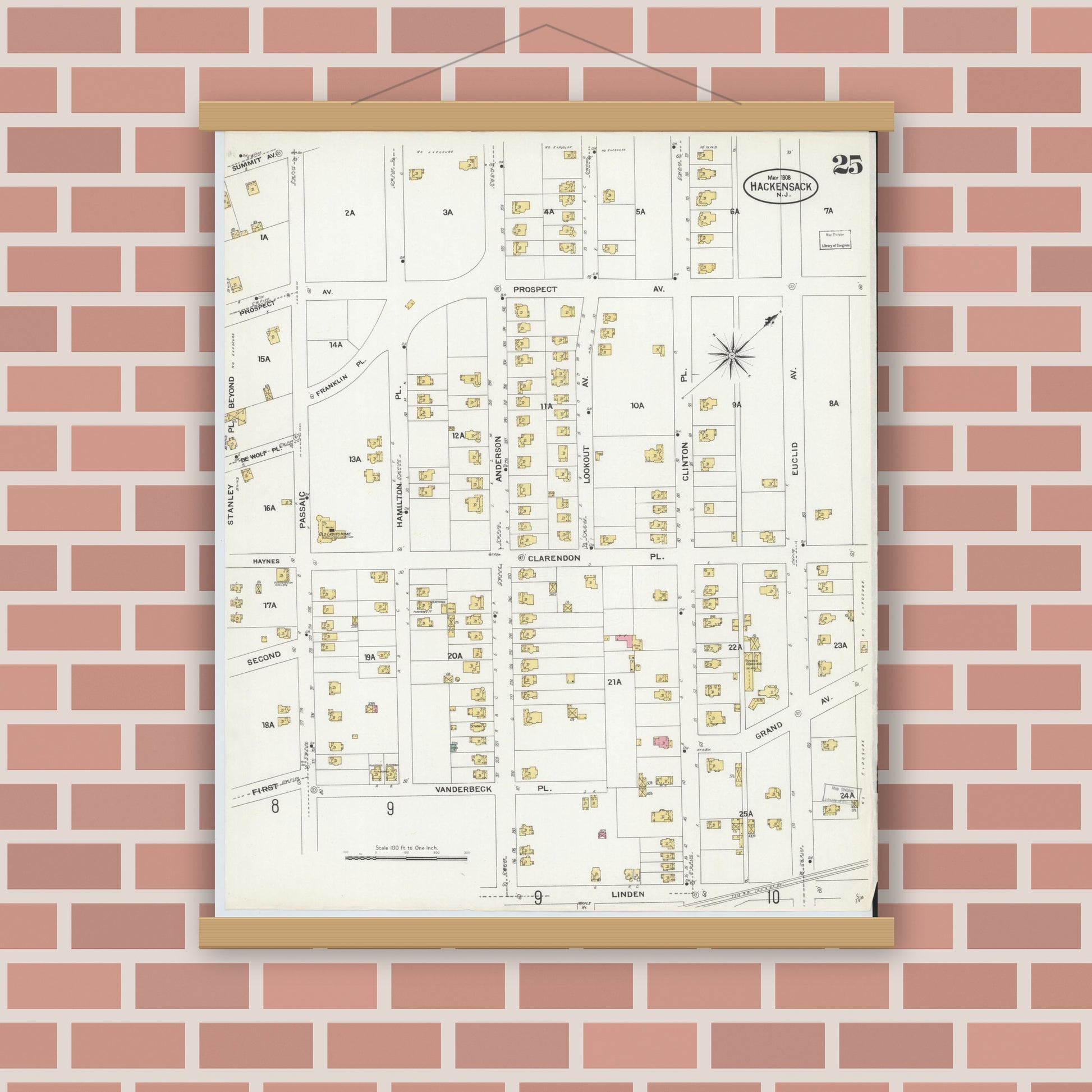 Old map wall art mockup — magnetic wood frame on brick wall — Sanborn Fire Insurance Map from Hackensack, Bergen County, New Jersey (1908), Sheet #0025