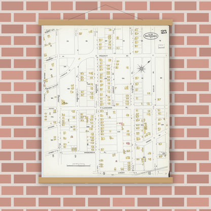 Old map wall art mockup — magnetic wood frame on brick wall — Sanborn Fire Insurance Map from Hackensack, Bergen County, New Jersey (1908), Sheet #0025