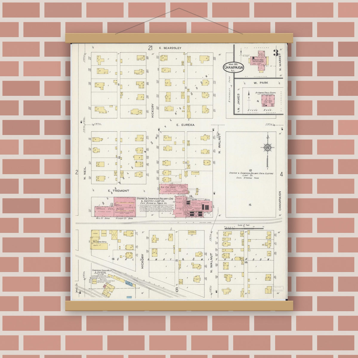 Old map wall art mockup — magnetic wood frame on brick wall — Sanborn Fire Insurance Map from Champaign, Champaign County, Illinois (1915), Sheet #0003