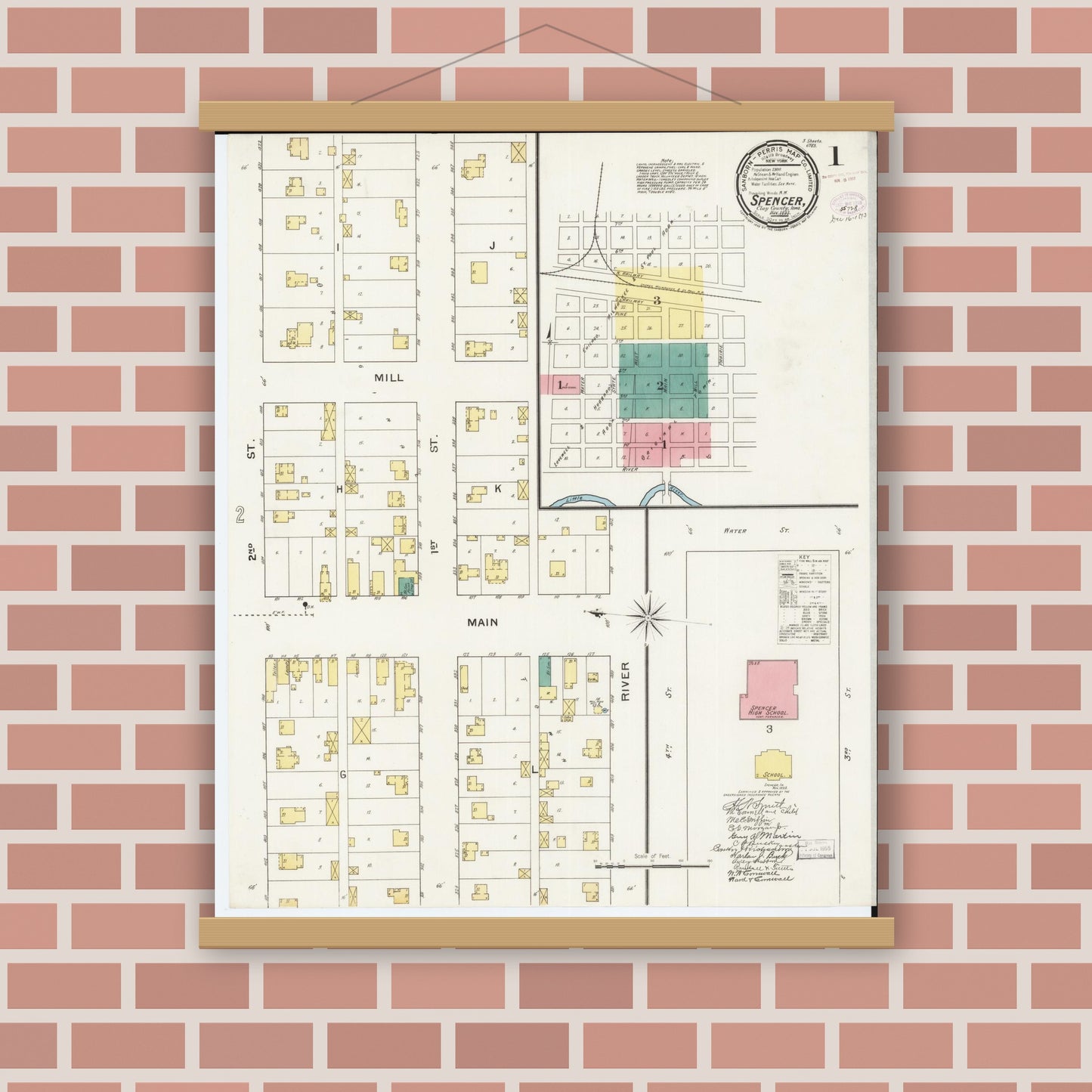 Old map wall art mockup — magnetic wood frame on brick wall — Sanborn Fire Insurance Map from Spencer, Clay County, Iowa (1893), Sheet #0001