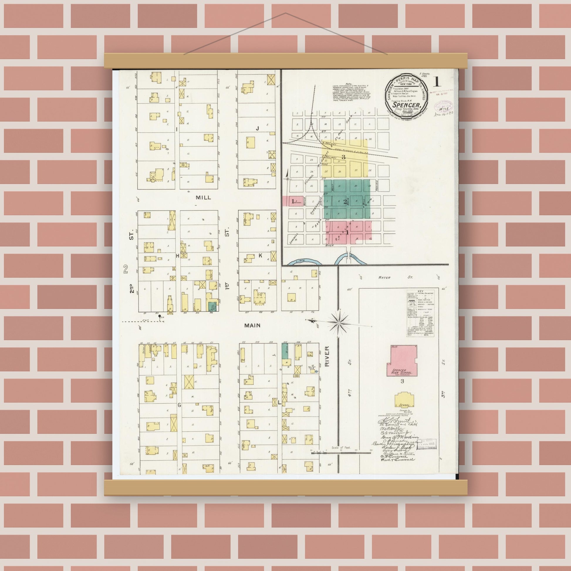 Old map wall art mockup — magnetic wood frame on brick wall — Sanborn Fire Insurance Map from Spencer, Clay County, Iowa (1893), Sheet #0001