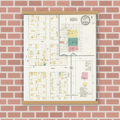 Old map wall art mockup — magnetic wood frame on brick wall — Sanborn Fire Insurance Map from Spencer, Clay County, Iowa (1893), Sheet #0001