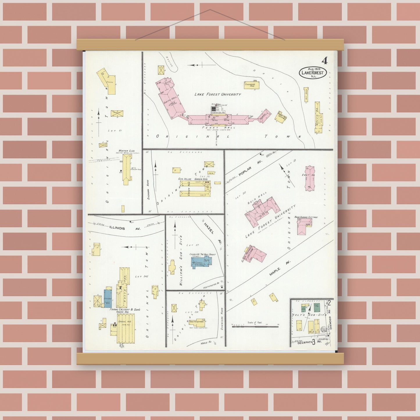 Old map wall art mockup — magnetic wood frame on brick wall — Sanborn Fire Insurance Map from Lake Forest, Lake County, Illinois (1909), Sheet #0004