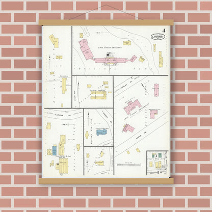 Old map wall art mockup — magnetic wood frame on brick wall — Sanborn Fire Insurance Map from Lake Forest, Lake County, Illinois (1909), Sheet #0004