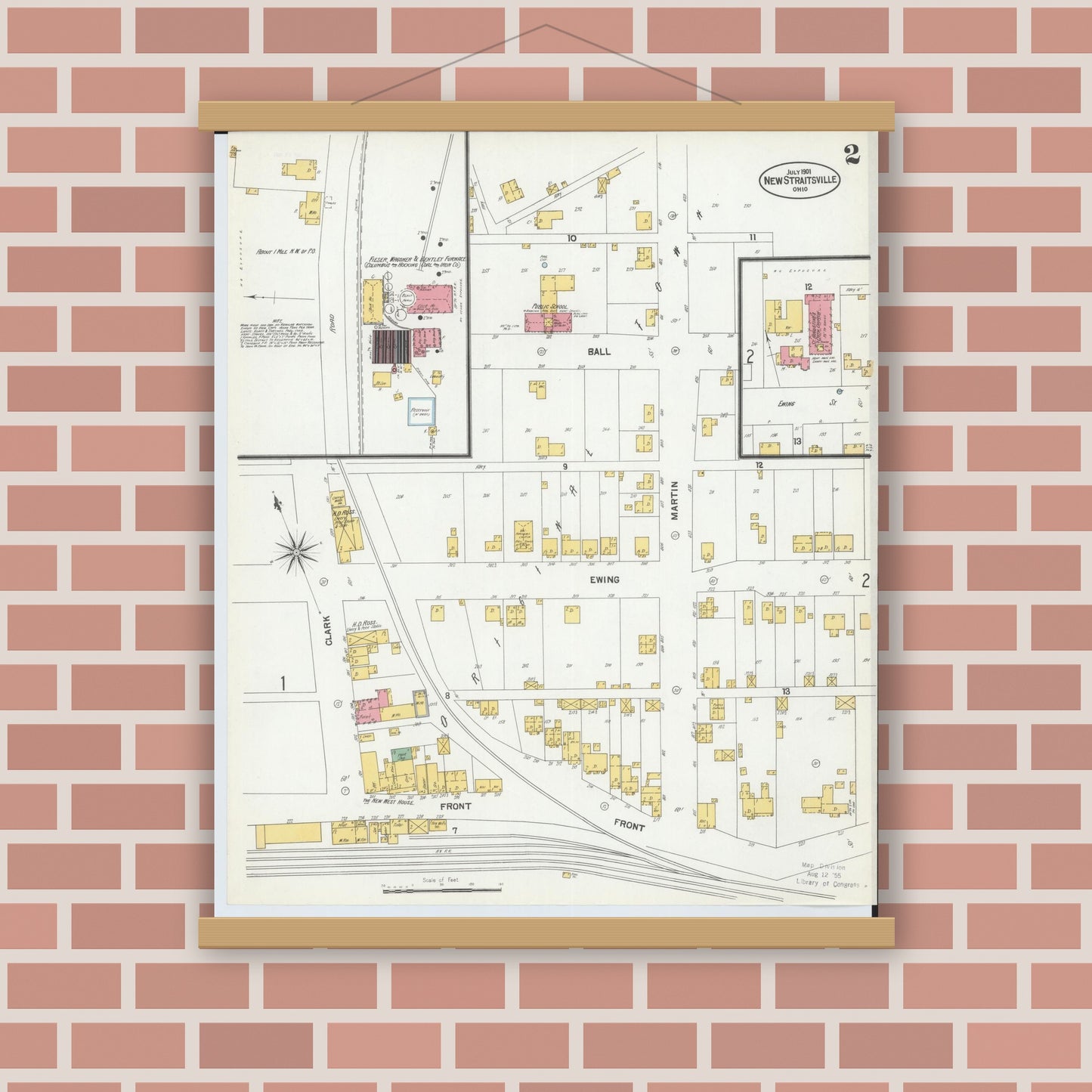 Old map wall art mockup — magnetic wood frame on brick wall — Sanborn Fire Insurance Map from New Straitsville, Perry County, Ohio (1901), Sheet #0002