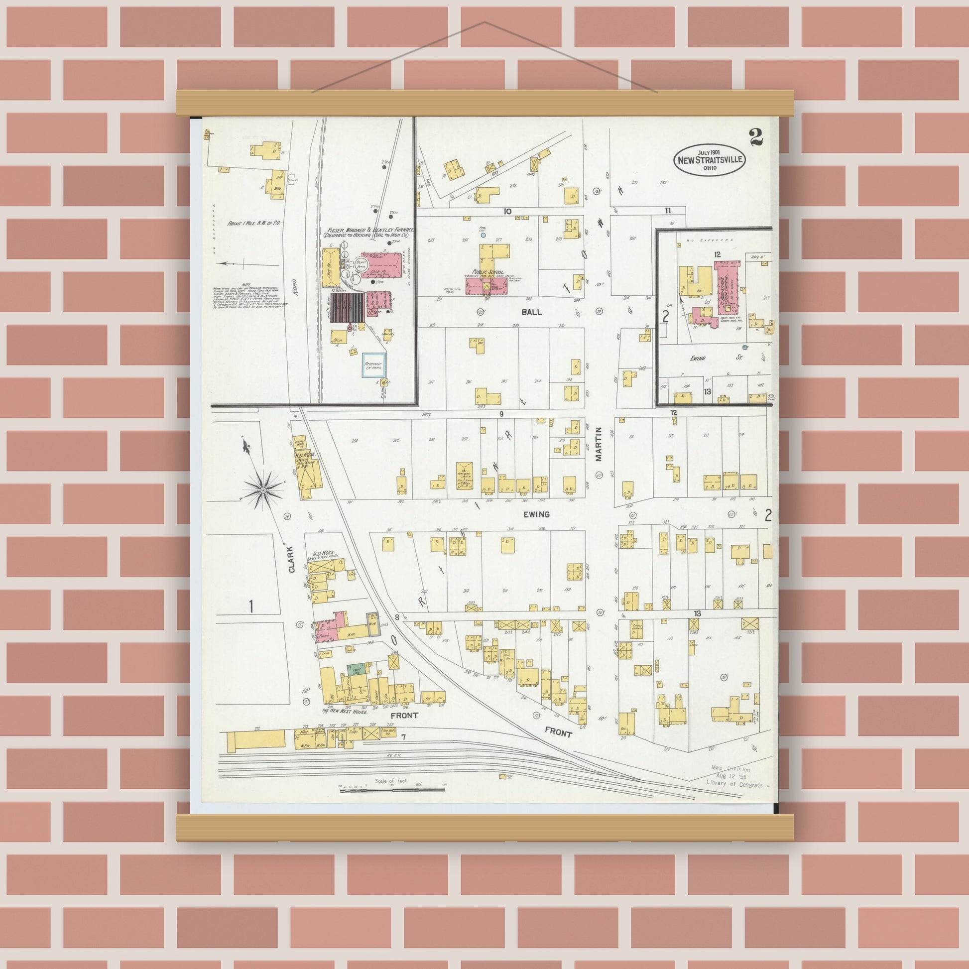 Old map wall art mockup — magnetic wood frame on brick wall — Sanborn Fire Insurance Map from New Straitsville, Perry County, Ohio (1901), Sheet #0002