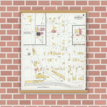 Old map wall art mockup — magnetic wood frame on brick wall — Sanborn Fire Insurance Map from New Straitsville, Perry County, Ohio (1901), Sheet #0002