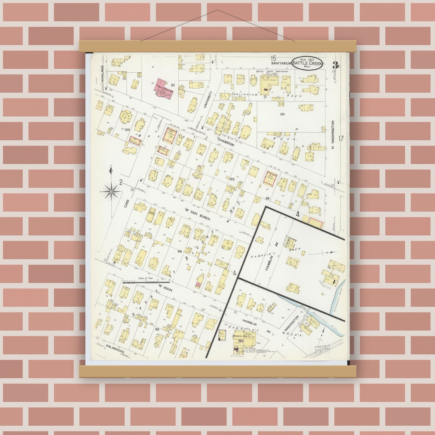 Old map wall art mockup — magnetic wood frame on brick wall — Sanborn Fire Insurance Map from Battle Creek, Calhoun County, Michigan (1907), Sheet #0003
