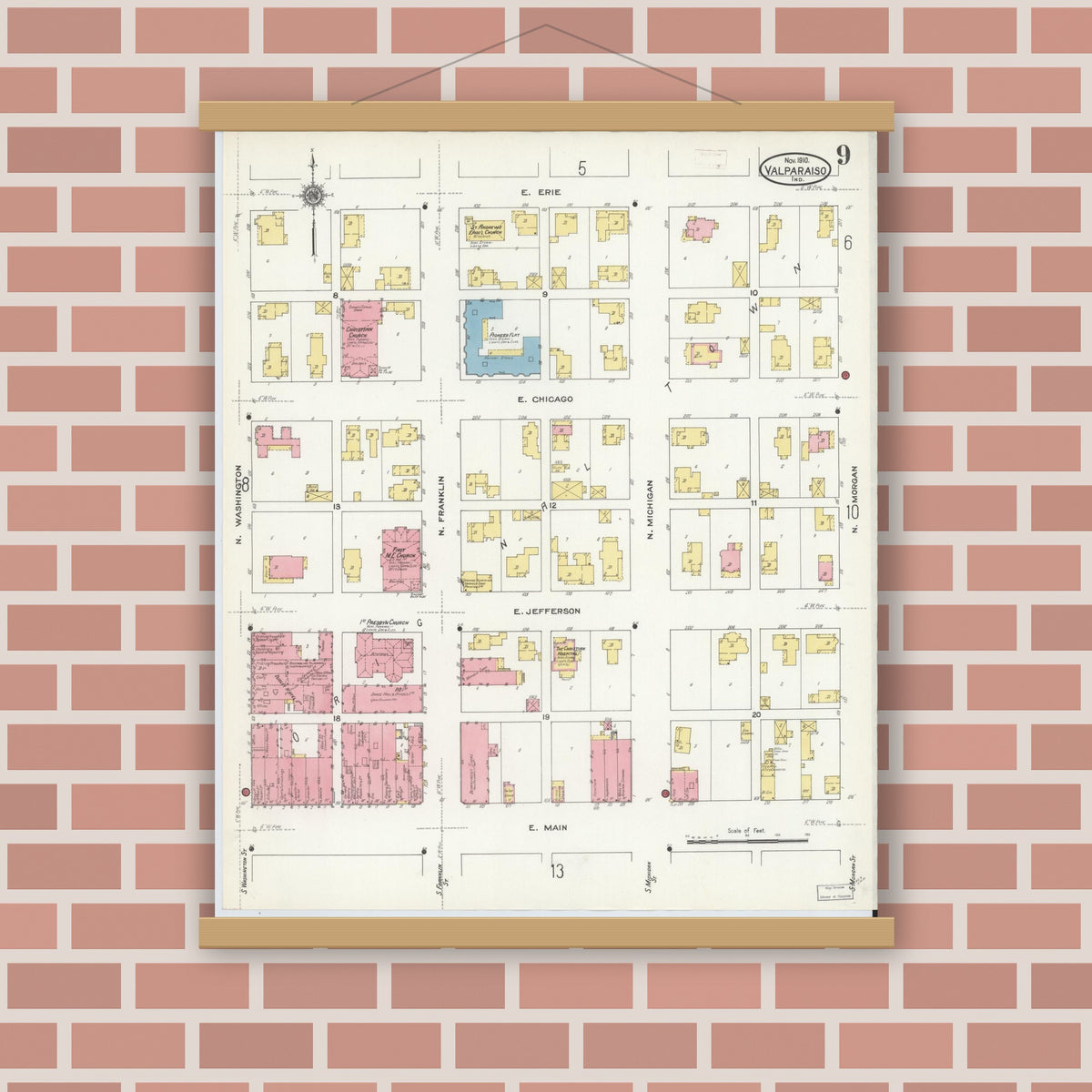 Old map wall art mockup — magnetic wood frame on brick wall — Sanborn Fire Insurance Map from Valparaiso, Porter County, Indiana (1910), Sheet #0009