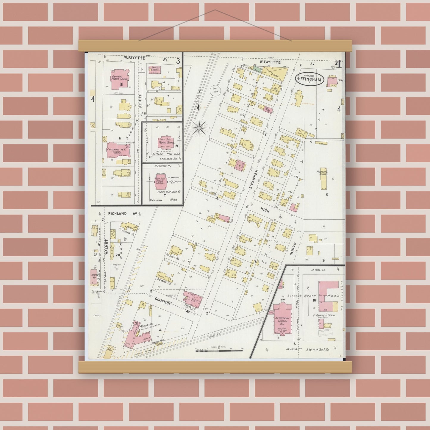 Old map wall art mockup — magnetic wood frame on brick wall — Sanborn Fire Insurance Map from Effingham, Effingham County, Illinois (1898), Sheet #0004