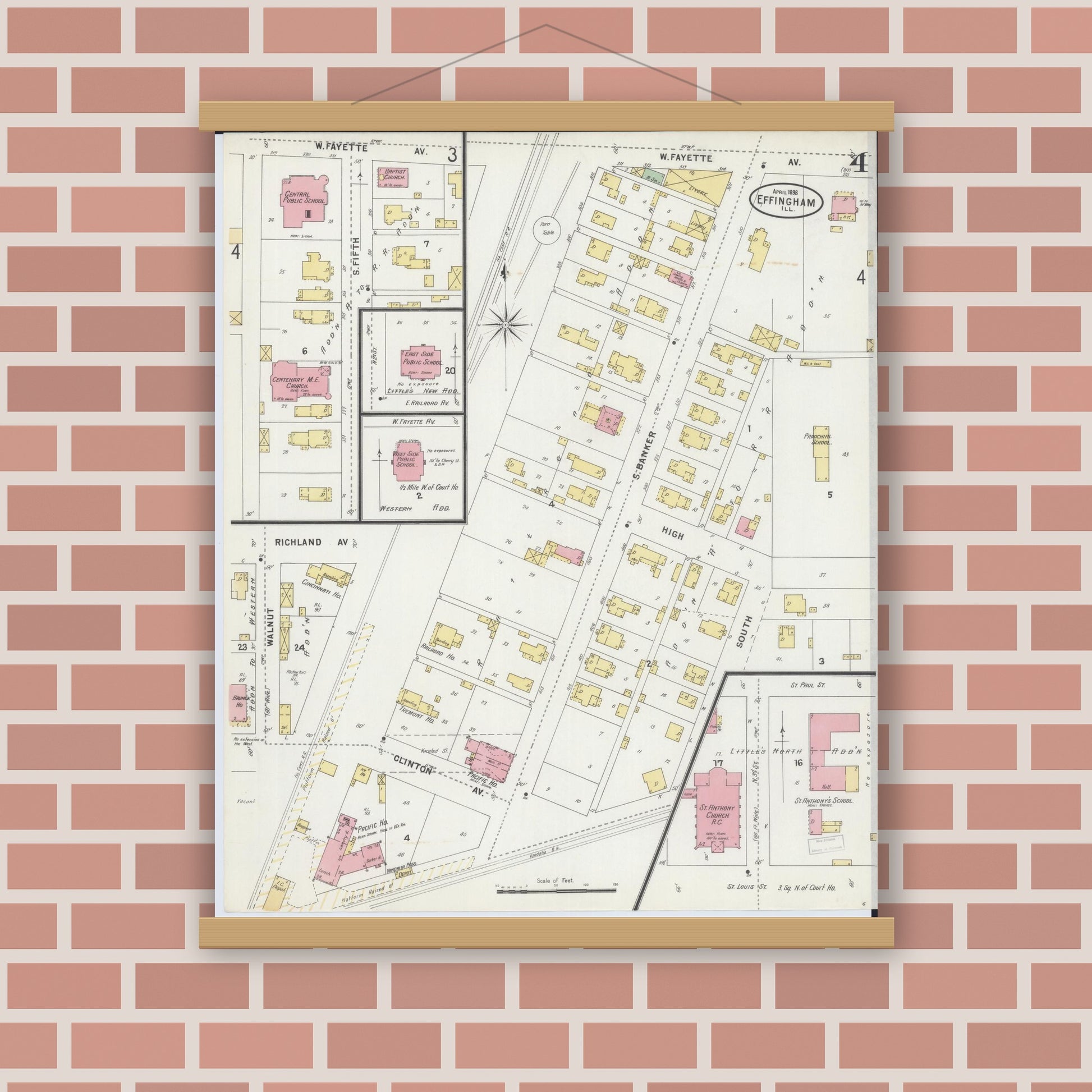 Old map wall art mockup — magnetic wood frame on brick wall — Sanborn Fire Insurance Map from Effingham, Effingham County, Illinois (1898), Sheet #0004