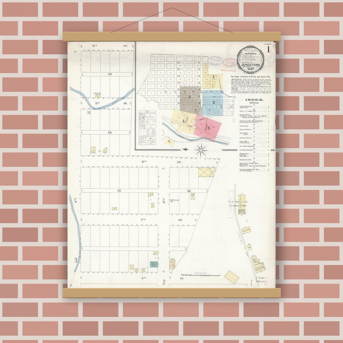 Old map wall art mockup — magnetic wood frame on brick wall — Sanborn Fire Insurance Map from Jamestown, Tuolumne County, California (1898), Sheet #0001