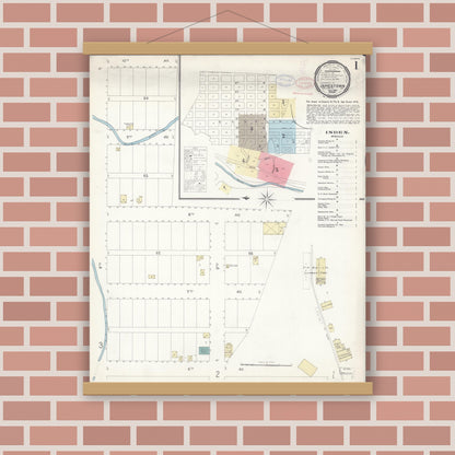 Old map wall art mockup — magnetic wood frame on brick wall — Sanborn Fire Insurance Map from Jamestown, Tuolumne County, California (1898), Sheet #0001