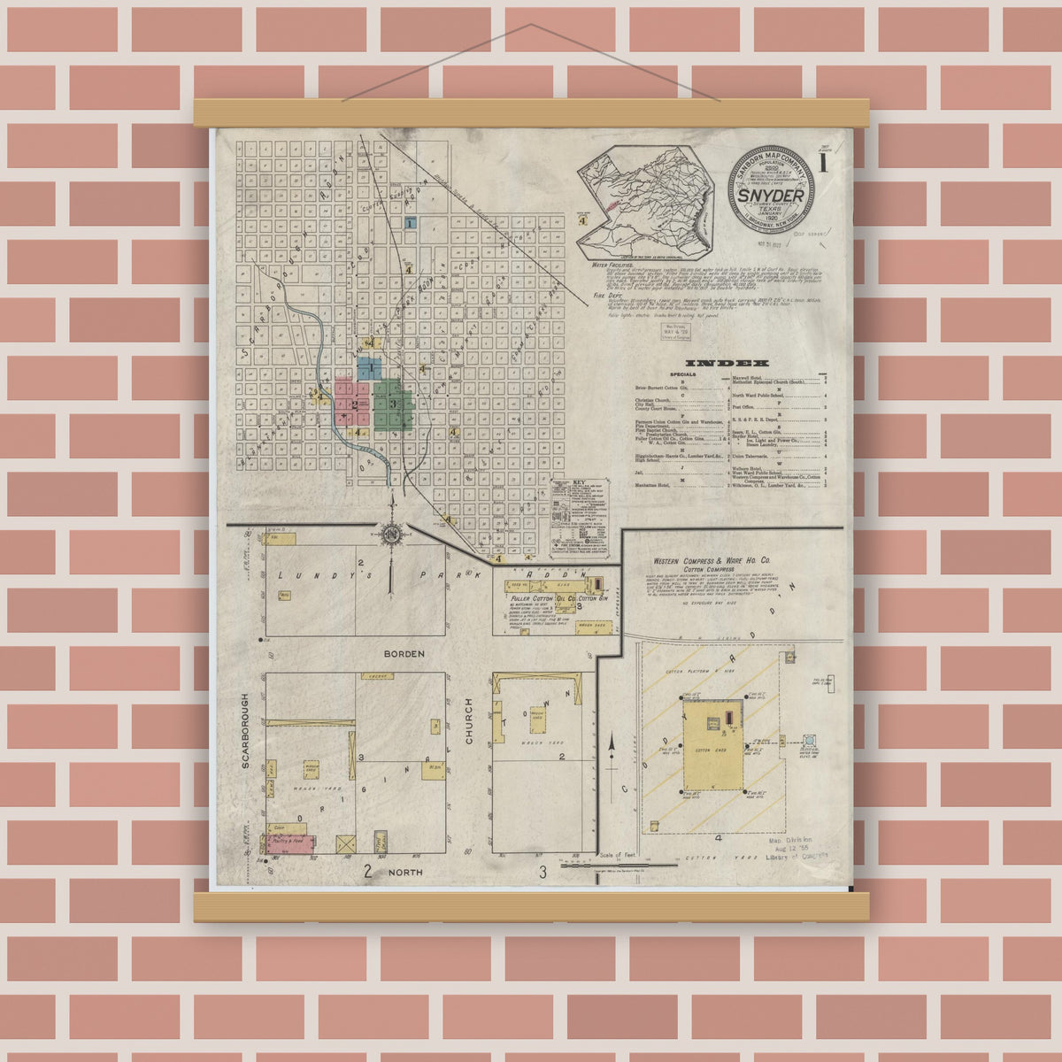 Old map wall art mockup — magnetic wood frame on brick wall — Sanborn Fire Insurance Map from Snyder, Scurry County, Texas (1920), Sheet #0001