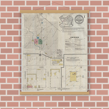 Old map wall art mockup — magnetic wood frame on brick wall — Sanborn Fire Insurance Map from Snyder, Scurry County, Texas (1920), Sheet #0001