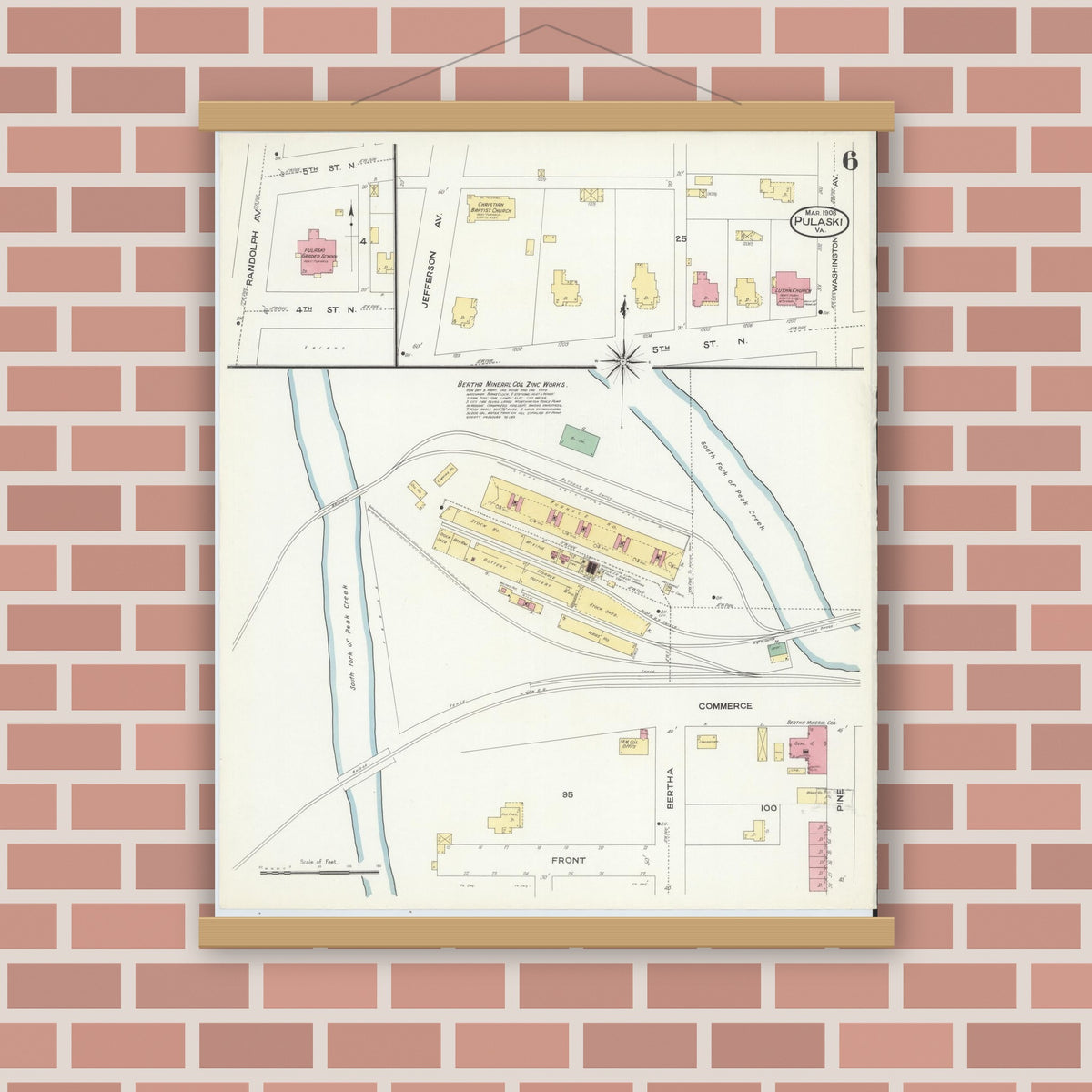 Old map wall art mockup — magnetic wood frame on brick wall — Sanborn Fire Insurance Map from Pulaski, Pulaski County, Virginia (1908), Sheet #0006