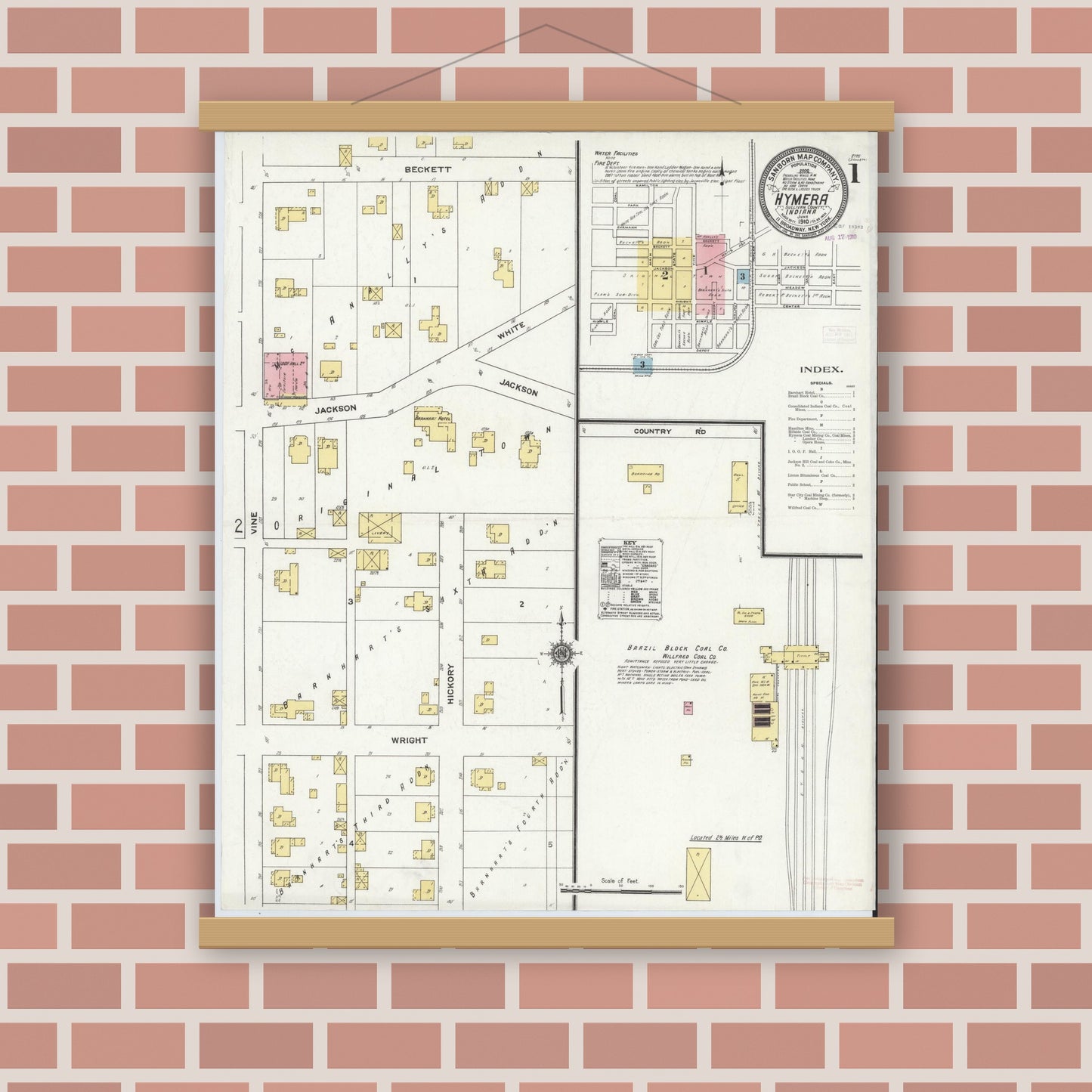 Old map wall art mockup — magnetic wood frame on brick wall — Sanborn Fire Insurance Map from Hymera, Sullivan County, Indiana (1910) - Complete Map Set