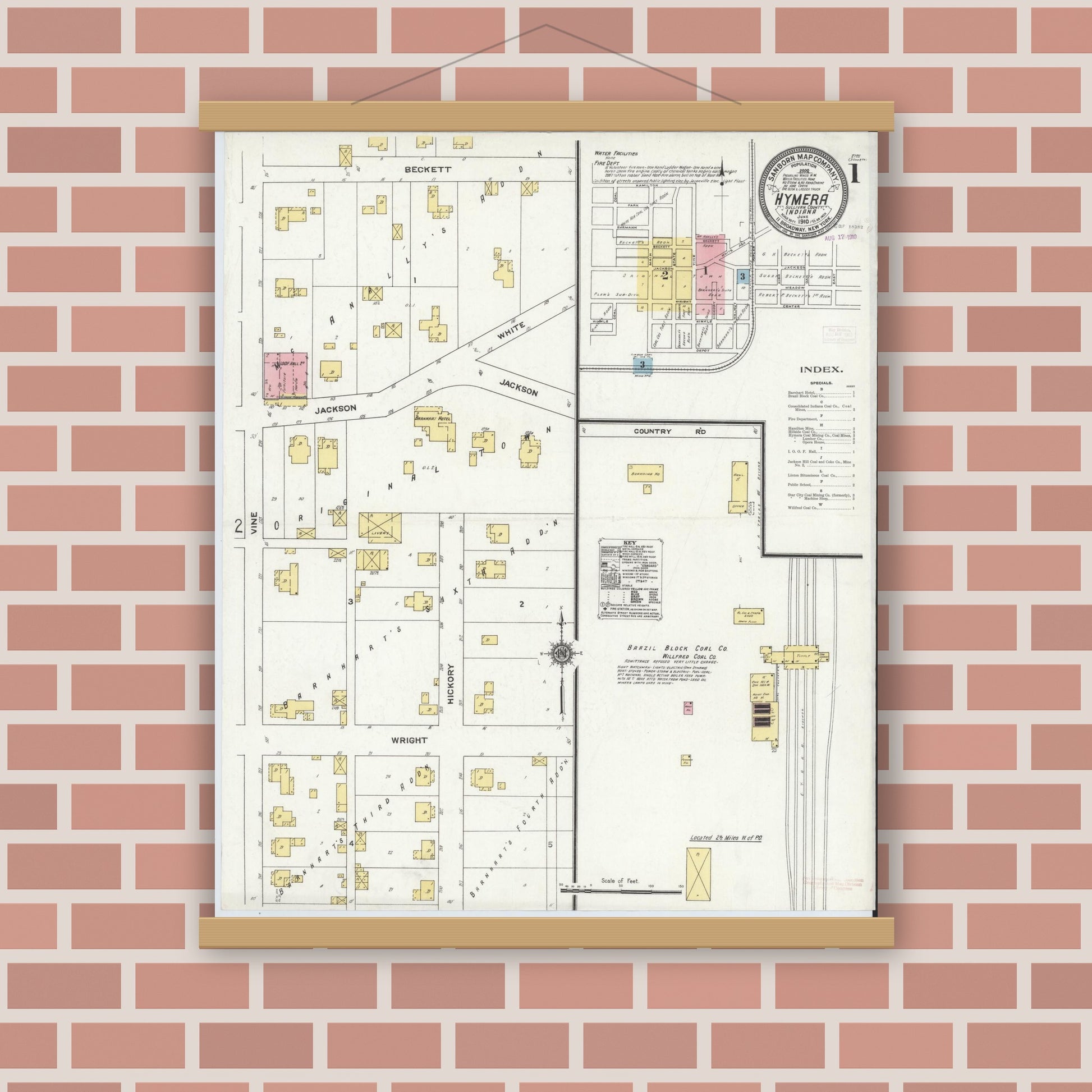 Old map wall art mockup — magnetic wood frame on brick wall — Sanborn Fire Insurance Map from Hymera, Sullivan County, Indiana (1910) - Complete Map Set