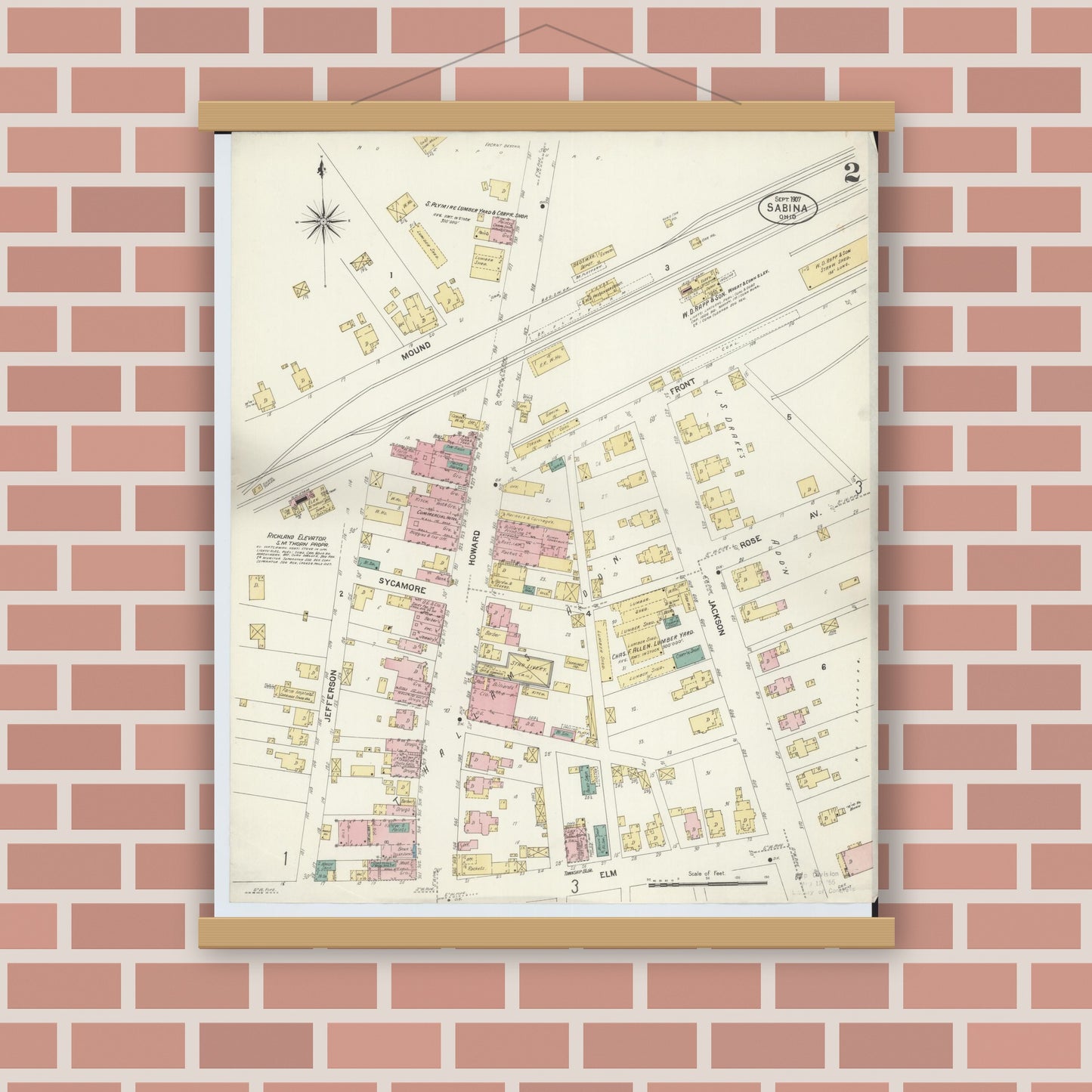 Old map wall art mockup — magnetic wood frame on brick wall — Sanborn Fire Insurance Map from Sabina, Clinton County, Ohio (1907), Sheet #0002