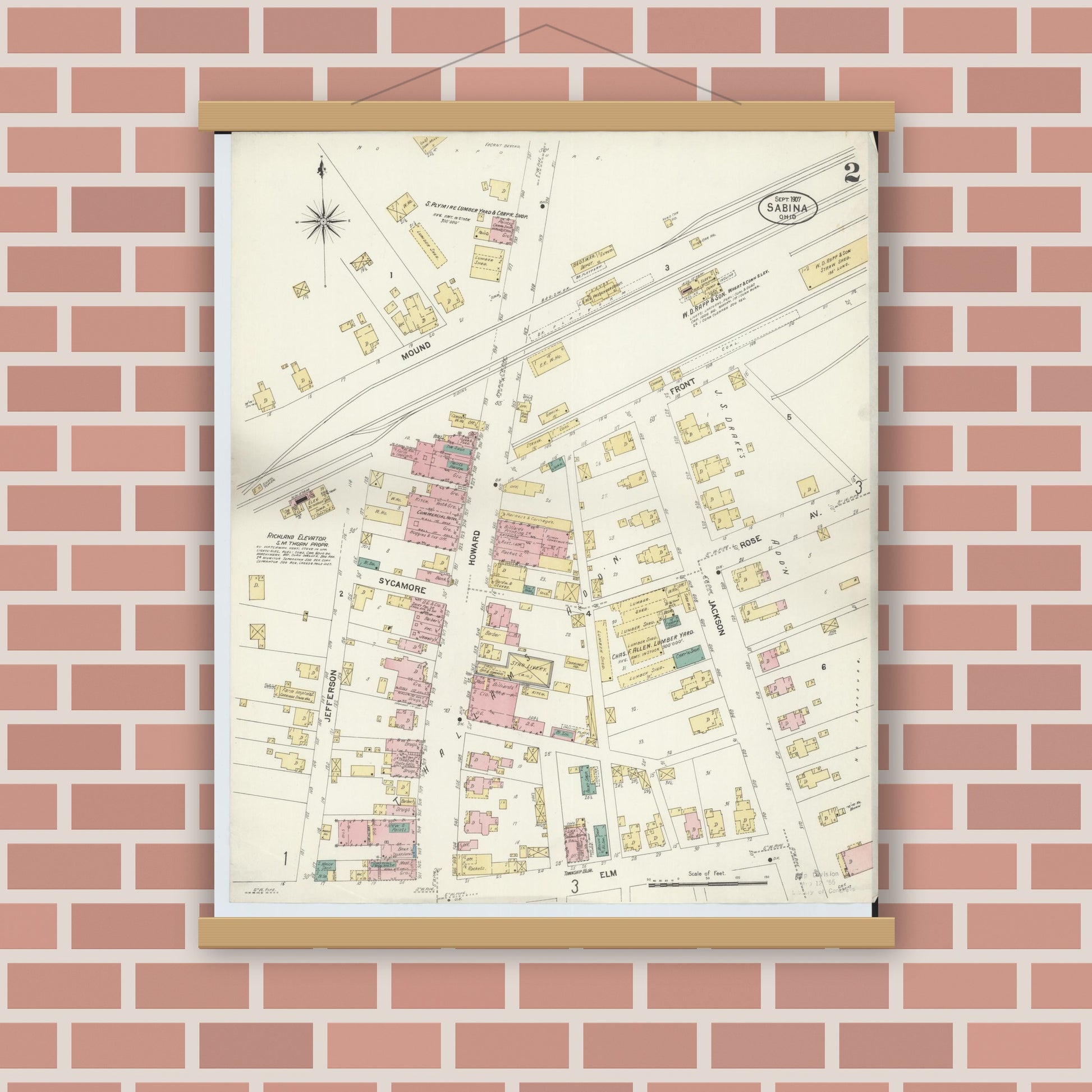 Old map wall art mockup — magnetic wood frame on brick wall — Sanborn Fire Insurance Map from Sabina, Clinton County, Ohio (1907), Sheet #0002
