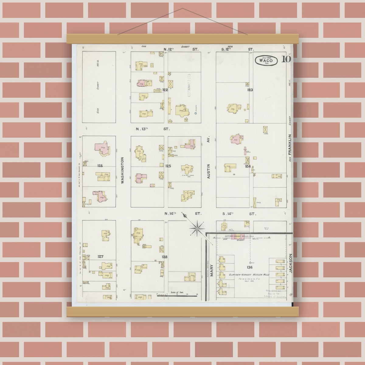 Old map wall art mockup — magnetic wood frame on brick wall — Sanborn Fire Insurance Map from Waco, McLennan County, Texas (1889), Sheet #0010