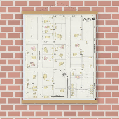 Old map wall art mockup — magnetic wood frame on brick wall — Sanborn Fire Insurance Map from Waco, McLennan County, Texas (1889), Sheet #0010