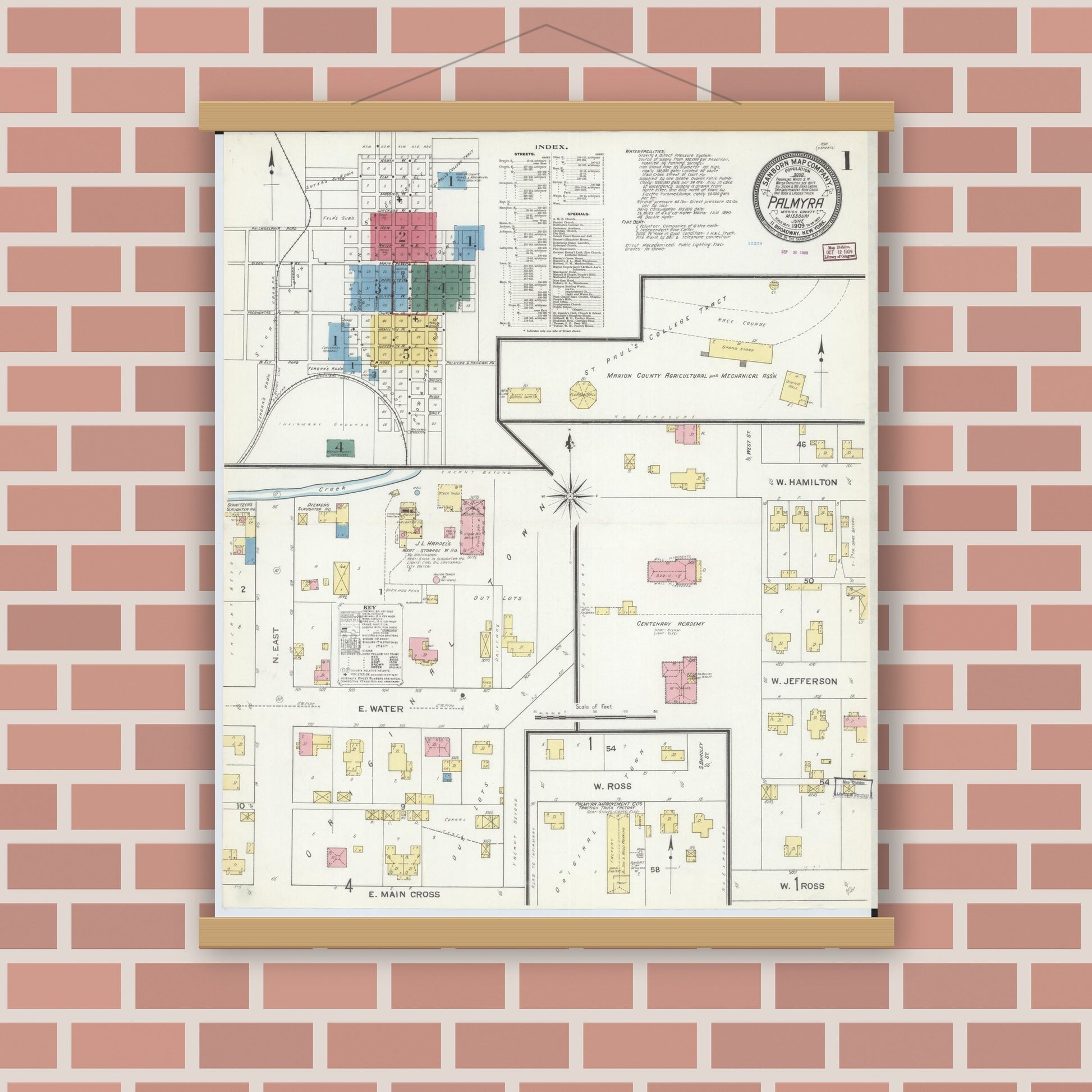 Old map wall art mockup — magnetic wood frame on brick wall — Sanborn Fire Insurance Map from Palmyra, Marion County, Missouri (1909) - Complete Map Set