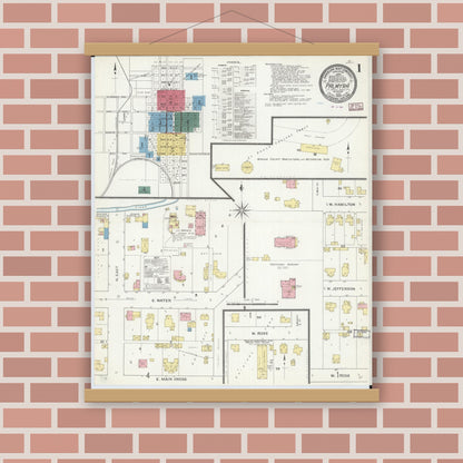 Old map wall art mockup — magnetic wood frame on brick wall — Sanborn Fire Insurance Map from Palmyra, Marion County, Missouri (1909) - Complete Map Set