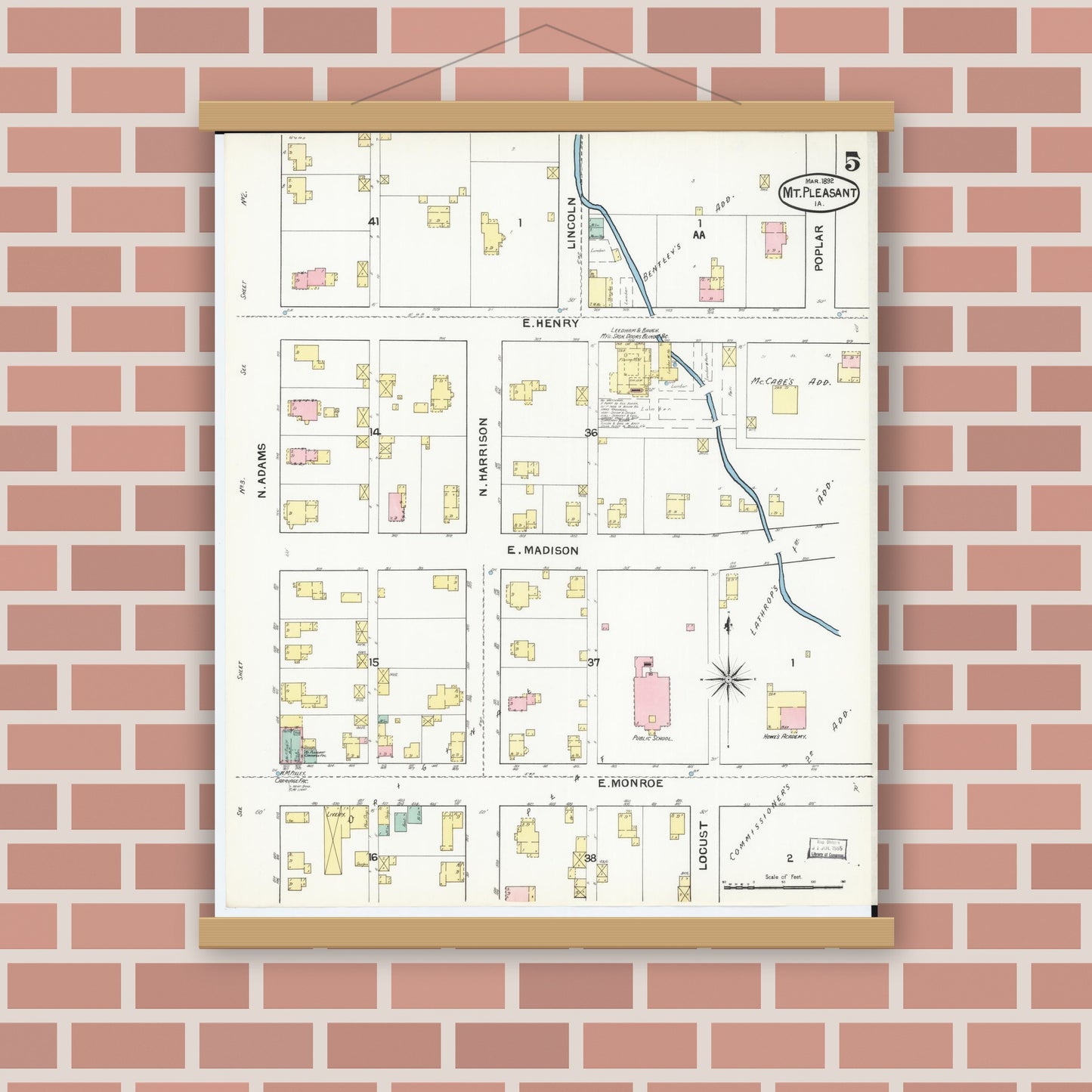Old map wall art mockup — magnetic wood frame on brick wall — Sanborn Fire Insurance Map from Mount Pleasant, Henry County, Iowa (1892), Sheet #0005