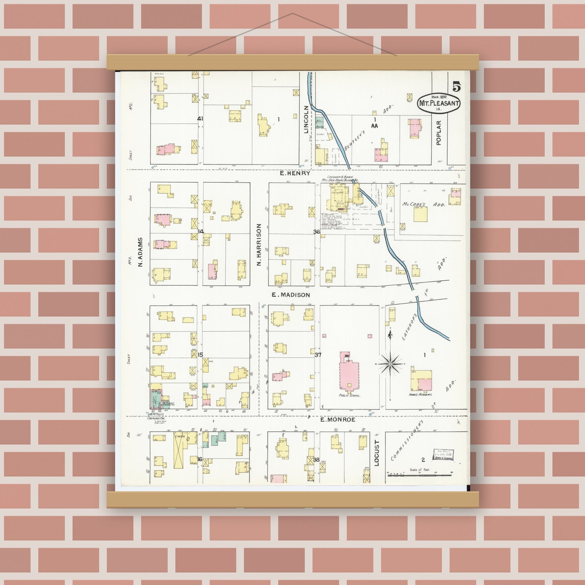 Old map wall art mockup — magnetic wood frame on brick wall — Sanborn Fire Insurance Map from Mount Pleasant, Henry County, Iowa (1892), Sheet #0005