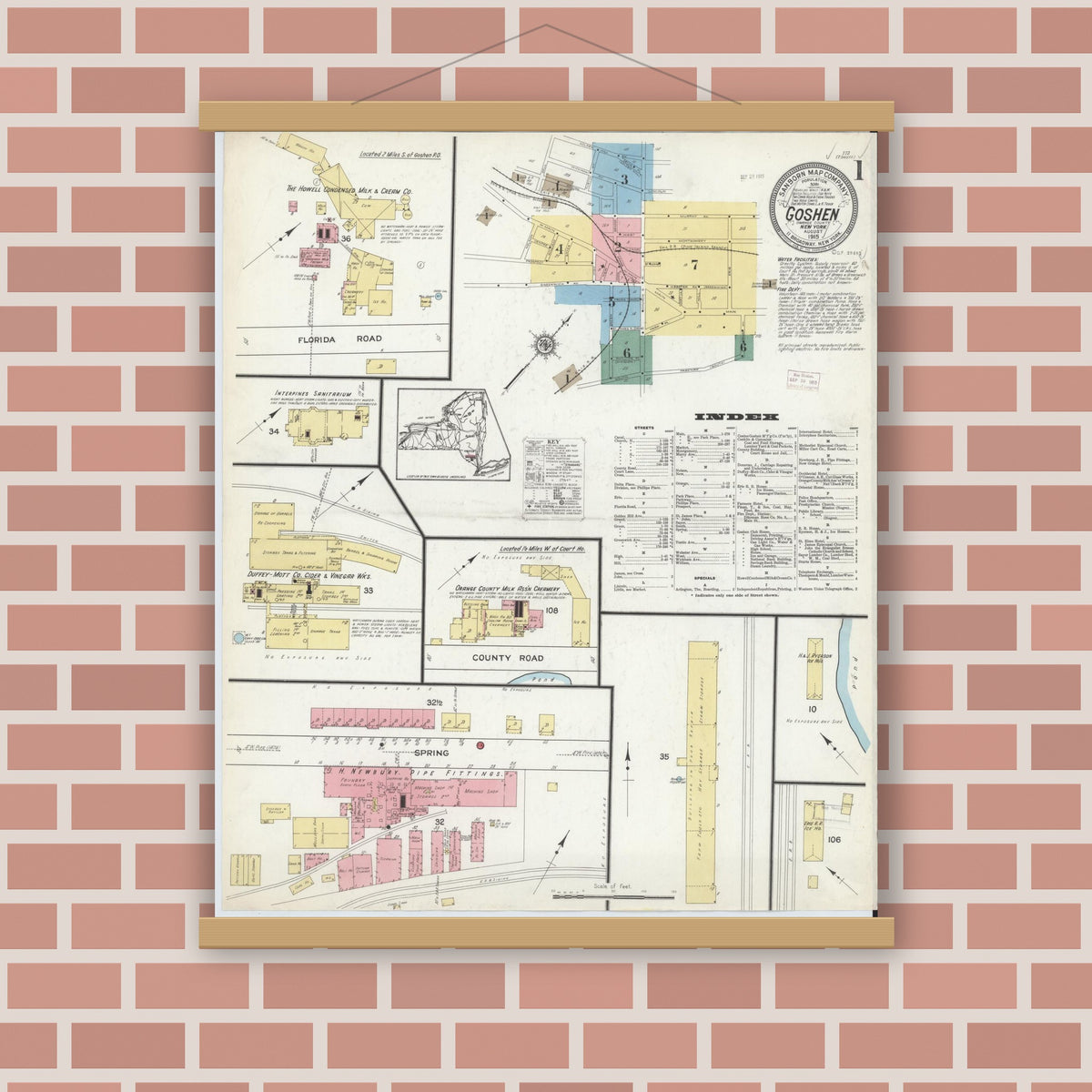 Old map wall art mockup — magnetic wood frame on brick wall — Sanborn Fire Insurance Map from Goshen, Orange County, New York (1915) - Complete Map Set